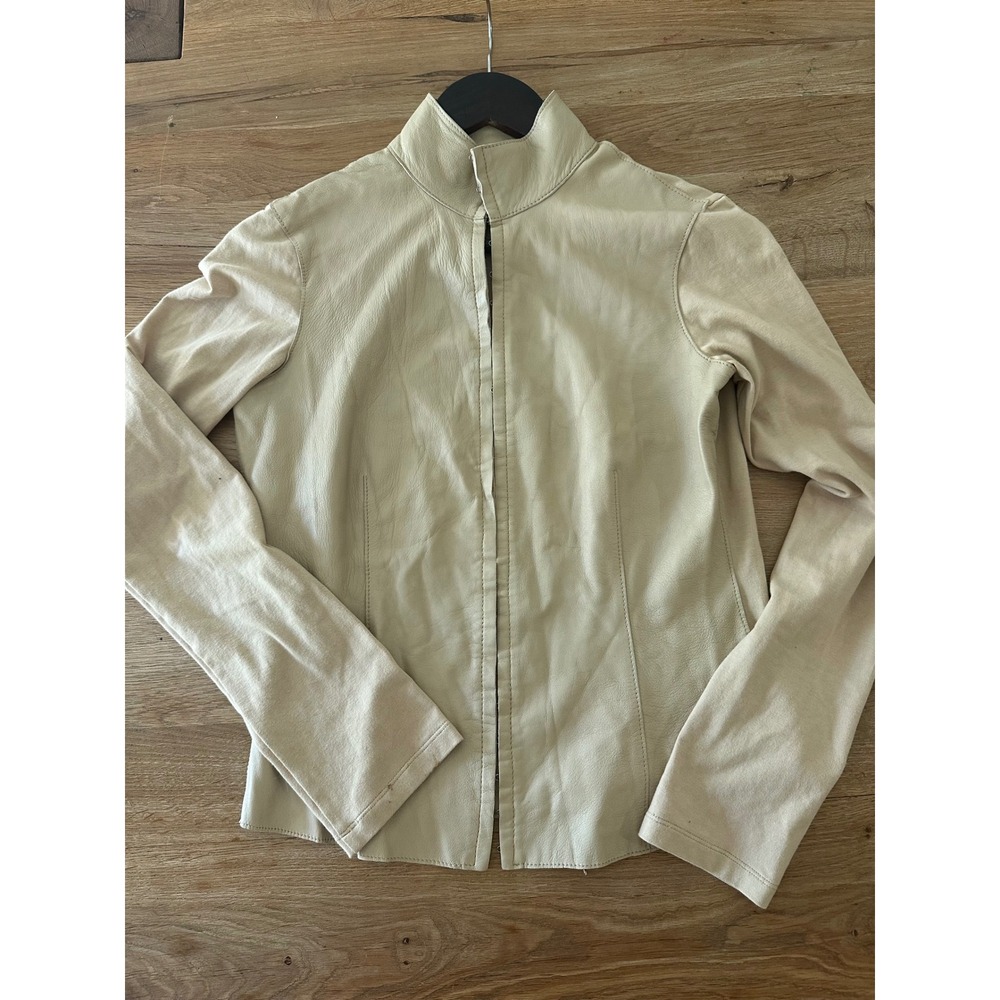 Bebe Y2K Sand Beige Genuine Leather & Cotton Knit Jacket - Size M - Picture 2 of 5